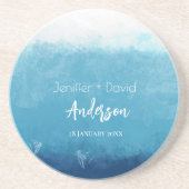 Blue Ocean Beach Bruiloft Aangepaste namen Bruilof Zandsteen Onderzetter (Voorkant)