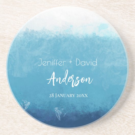 Blue Ocean Beach Bruiloft Aangepaste namen Bruilof Zandsteen Onderzetter (Voorkant)