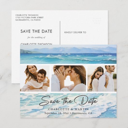 Blue Ocean Beach bruiloft foto Save the date Aankondigingskaart (Voorkant / Achterkant)