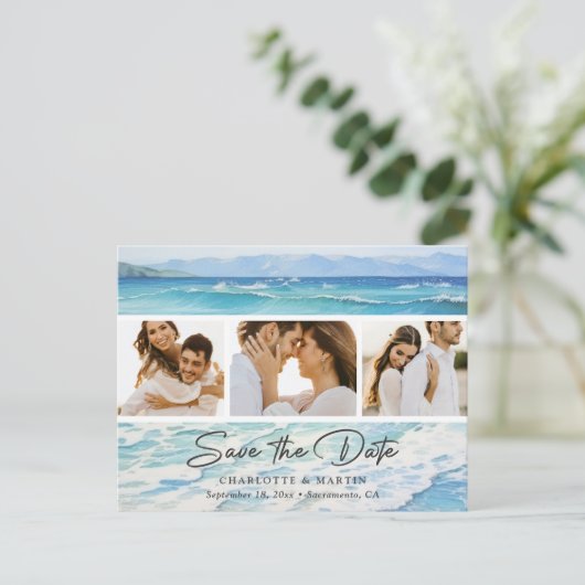 Blue Ocean Beach bruiloft foto Save the date Aankondigingskaart (Staand voorkant)