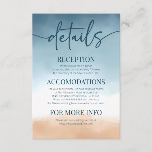 Blue Ocean Beach Shore Zand Bruiloft Details Informatiekaartje (Voorkant)