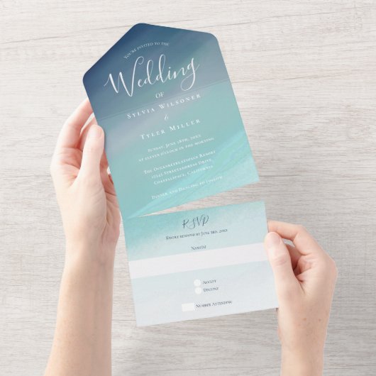 Blue Ocean Beach Wedding All In One Uitnodiging (Afscheurbaar)
