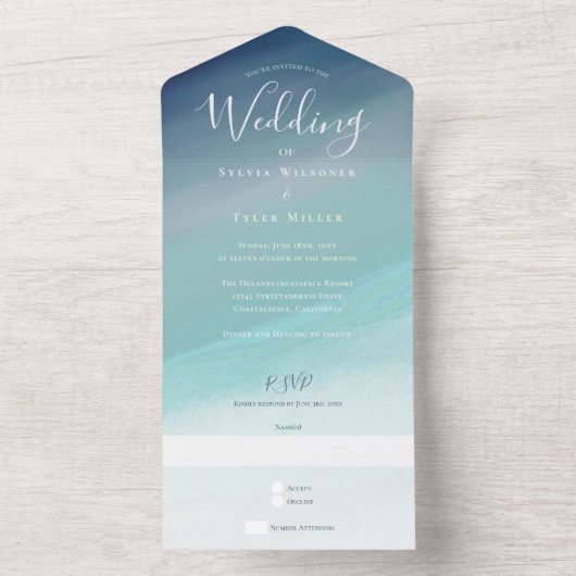Blue Ocean Beach Wedding All In One Uitnodiging (Binnen)