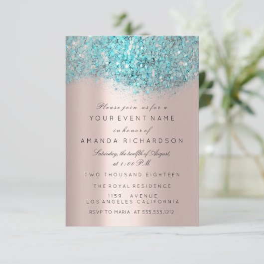 Blue Ocean Confetti Roos Gold Bridal Sweet 16th Kaart (Staand voorkant)