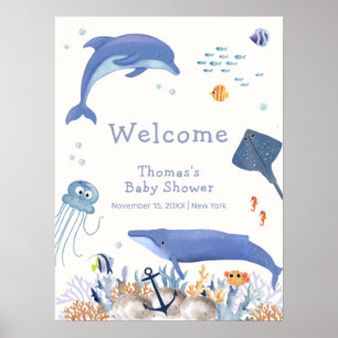 Blue Ocean Dolphin Whale Boy Baby shower Welkom Poster
