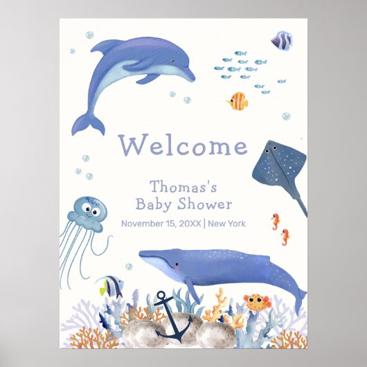 Blue Ocean Dolphin Whale Boy Baby shower Welkom Poster (Voorkant)