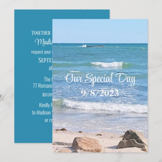Blue Ocean Foto Strand Outdoor Bruiloft Kaart (Voorkant / Achterkant)