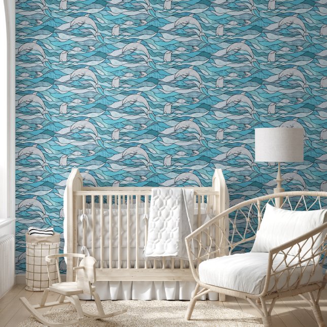Blue Ocean Glas in lood Dolphins Behang (Kinderen)