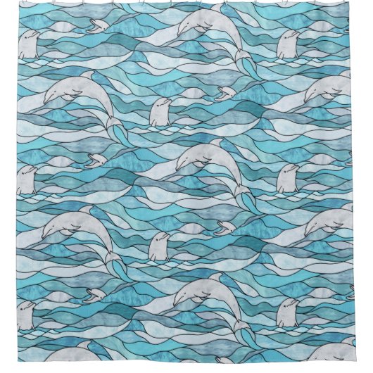 Blue Ocean Glas in lood Dolphins Douchegordijn (Voorkant)