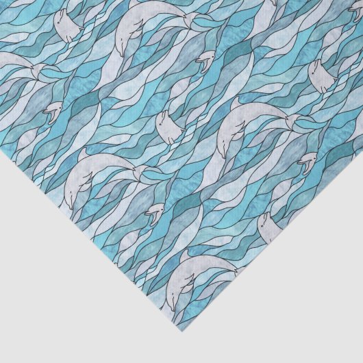 Blue Ocean Glas in lood Dolphins Tissuepapier (Detail)