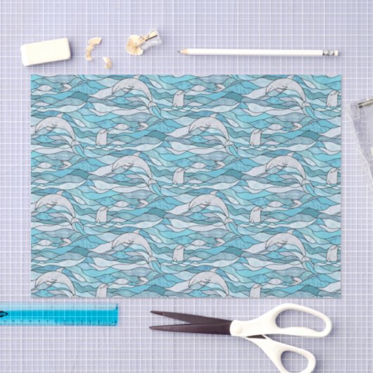 Blue Ocean Glas in lood Dolphins Tissuepapier (Craft)