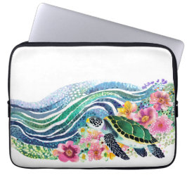 Blue Ocean & Happy Green Turtle Laptop Sleeve