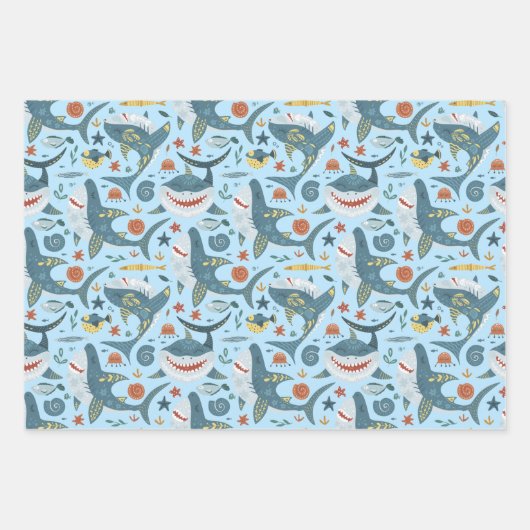 Blue Ocean Kinderen Shark Jongen Verjaardagsfeestj Inpakpapier Vel (Voorkant)