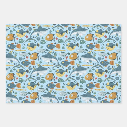 Blue Ocean Marine Shark Zee Vis Naadloos Patroon Inpakpapier Vel (Voorkant 3)