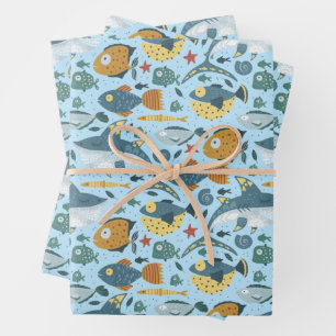 Blue Ocean Marine Shark Zee Vis Naadloos Patroon Inpakpapier Vel