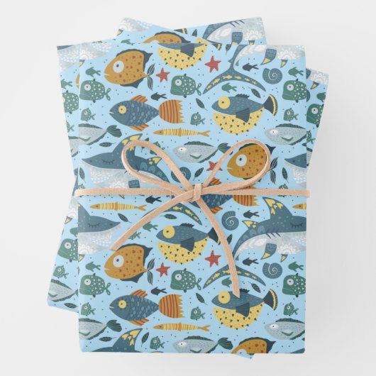 Blue Ocean Marine Shark Zee Vis Naadloos Patroon Inpakpapier Vel (In situ)