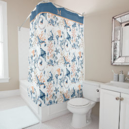 Blue Ocean Pattern Monogram Douchegordijn