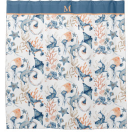 Blue Ocean Pattern Monogram Douchegordijn