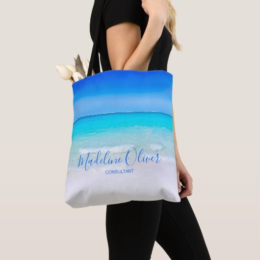 Blue Ocean Sand Beach Scene Zakelijk Tote Bag (Dichtbij)
