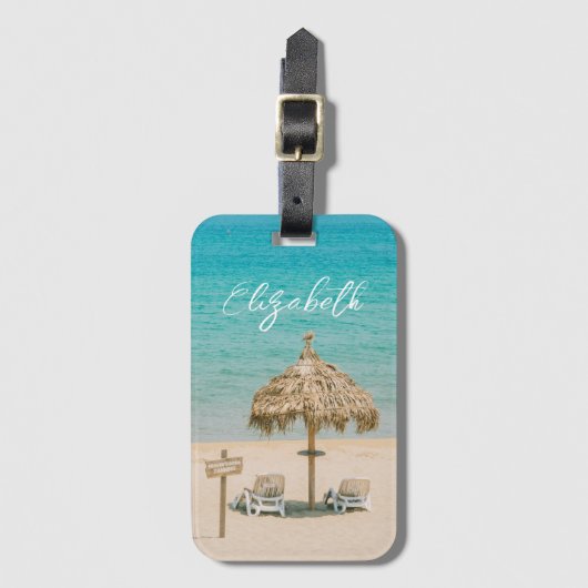 Blue Ocean Sandy Beach Foto Aangepaste naam Bagagelabel (Voorkant (verticaal))