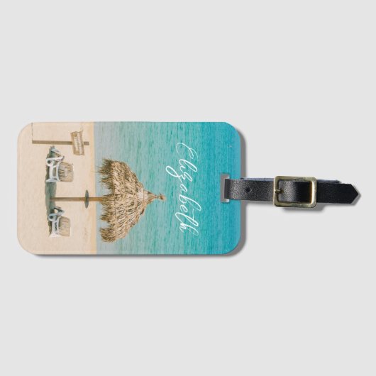 Blue Ocean Sandy Beach Foto Aangepaste naam Bagagelabel (Voorkant (horizontaal))