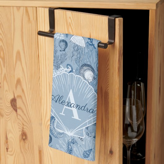 Blue Ocean Sea Life Monogram Kitchen Towel Theedoek (Derde Gevouwen)