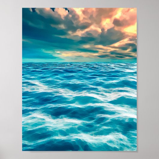 Blue Ocean Seascape Cloudy Sky Digital Painting Poster (Voorkant)