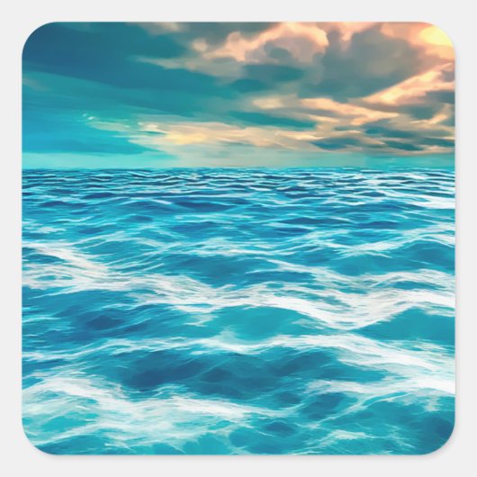 Blue Ocean Seascape Cloudy Sky Digital Painting Vierkante Sticker (Voorkant)