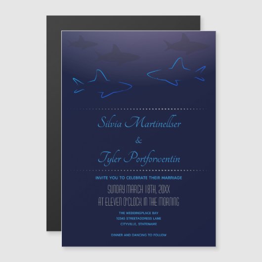 Blue Ocean Shark Wedding Magnetische Uitnodiging (Voorkant / Achterkant)