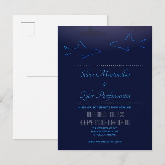 Blue Ocean Shark Wedding Uitnodiging Briefkaart (Voorkant / Achterkant)