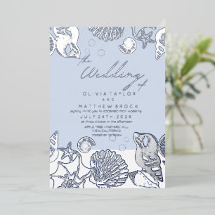 Blue Ocean Shells Echte Folie Huwelijksuitnodiging Folie Uitnodiging