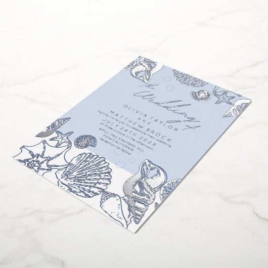 Blue Ocean Shells Echte Folie Huwelijksuitnodiging Folie Uitnodiging (Gedraaid)