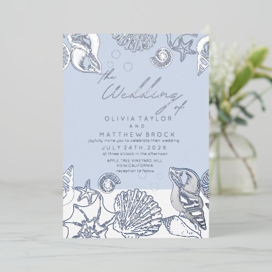 Blue Ocean Shells Echte Folie Huwelijksuitnodiging Folie Uitnodiging (Staand Voorkant)