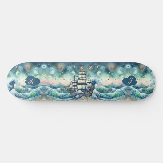 Blue Ocean Storm Ship Initialen Monogram grillig Persoonlijk Skateboard (Horizontaal)