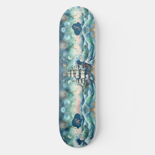 Blue Ocean Storm Ship Initialen Monogram grillig Persoonlijk Skateboard (Voorkant)