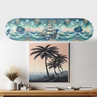Blue Ocean Storm Ship Initialen Monogram grillig Persoonlijk Skateboard