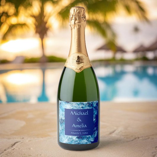Blue Ocean Water Wedding Sparkling Wine Label Wijnetiket