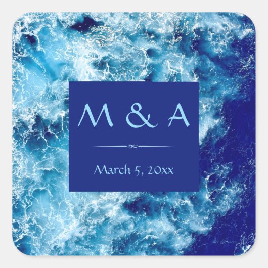 Blue Ocean Water Wedding Square Stickers (Voorkant)