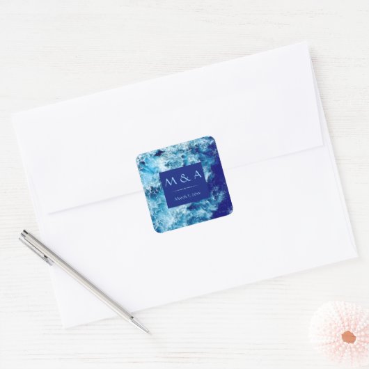 Blue Ocean Water Wedding Square Stickers (Envelop)
