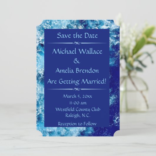Blue Ocean Water Wedding Ticket Save the Date Kaar (Staand voorkant)