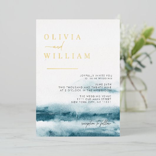 Blue Ocean Waterverf Bruiloft Folie Uitnodiging (Staand Voorkant)