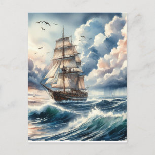 Blue Ocean Wave Boat Waterverf Briefkaart