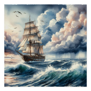 Blue Ocean Wave Boat Waterverf Perfect Poster