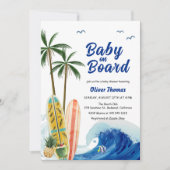Blue Ocean Wave Surfboard Baby shower Kaart (Voorkant)