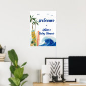 Blue Ocean Wave Surfboard Baby shower Welkom Poster (Thuiskantoor)