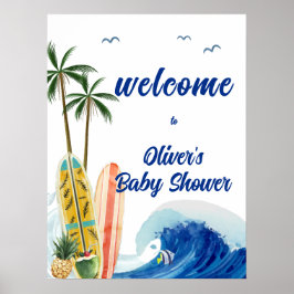 Blue Ocean Wave Surfboard Baby shower Welkom Poster