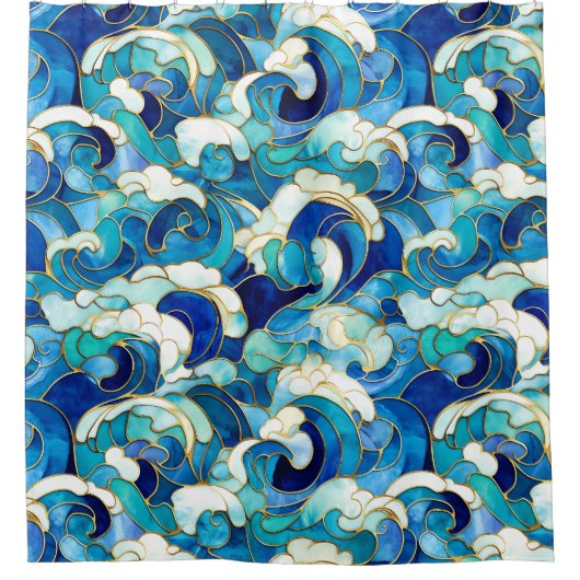 Blue Ocean Waves Glas in lood Mozaïek Douchegordijn (Voorkant)