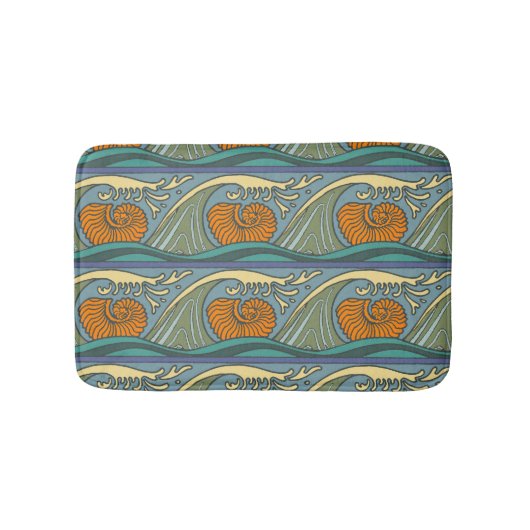 Blue Ocean Waves Nautilus Seashell Patroon Nouveau Badmat (Voorkant)
