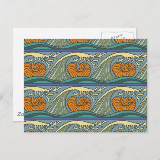 Blue Ocean Waves Nautilus Seashell Patroon Nouveau Briefkaart (Voorkant / Achterkant)
