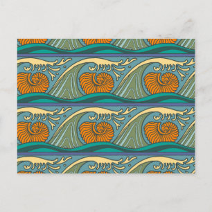 Blue Ocean Waves Nautilus Seashell Patroon Nouveau Briefkaart